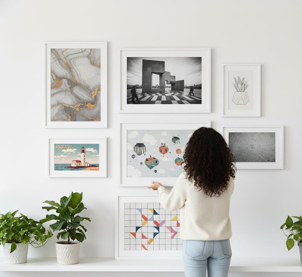 Bright modern gallery wall with White Picture frames displaying ocean landscape art family photos and botanical prints under contemporary chandelier showcasing versatile white styling