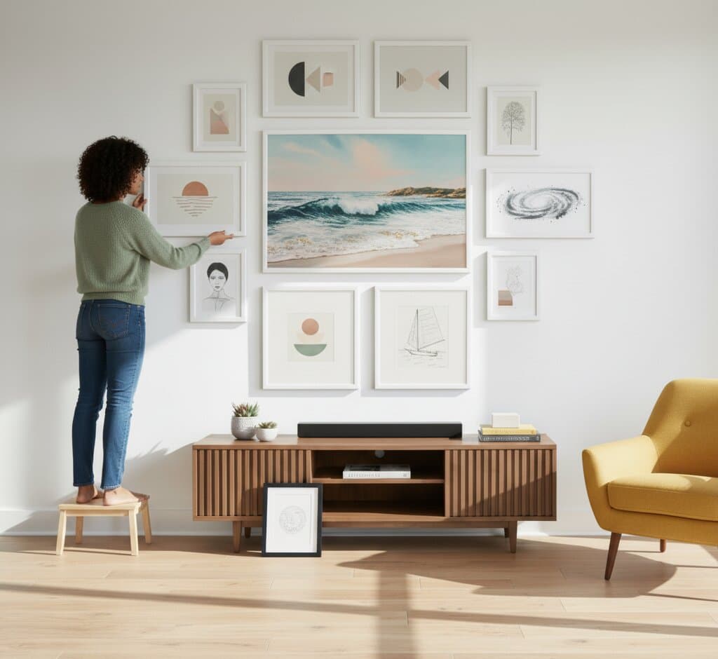 Woman on stool arranges abstract teal and gold artwork within balanced gallery wall of White Picture Frame in sunlit living room demonstrating elegant white finish