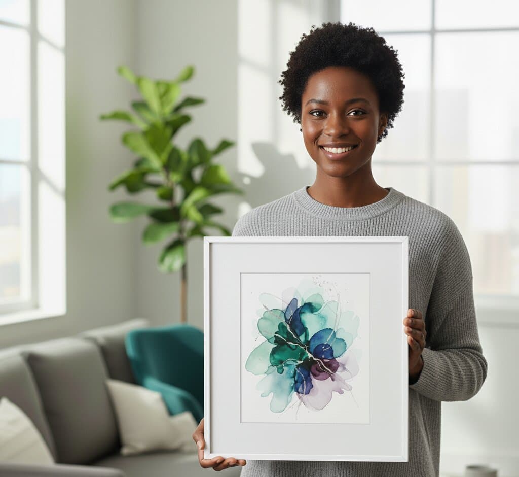 Smiling man in blue shirt points at large abstract painting in White Picture frame hanging above mid-century armchair and plant showcasing clean white styling
