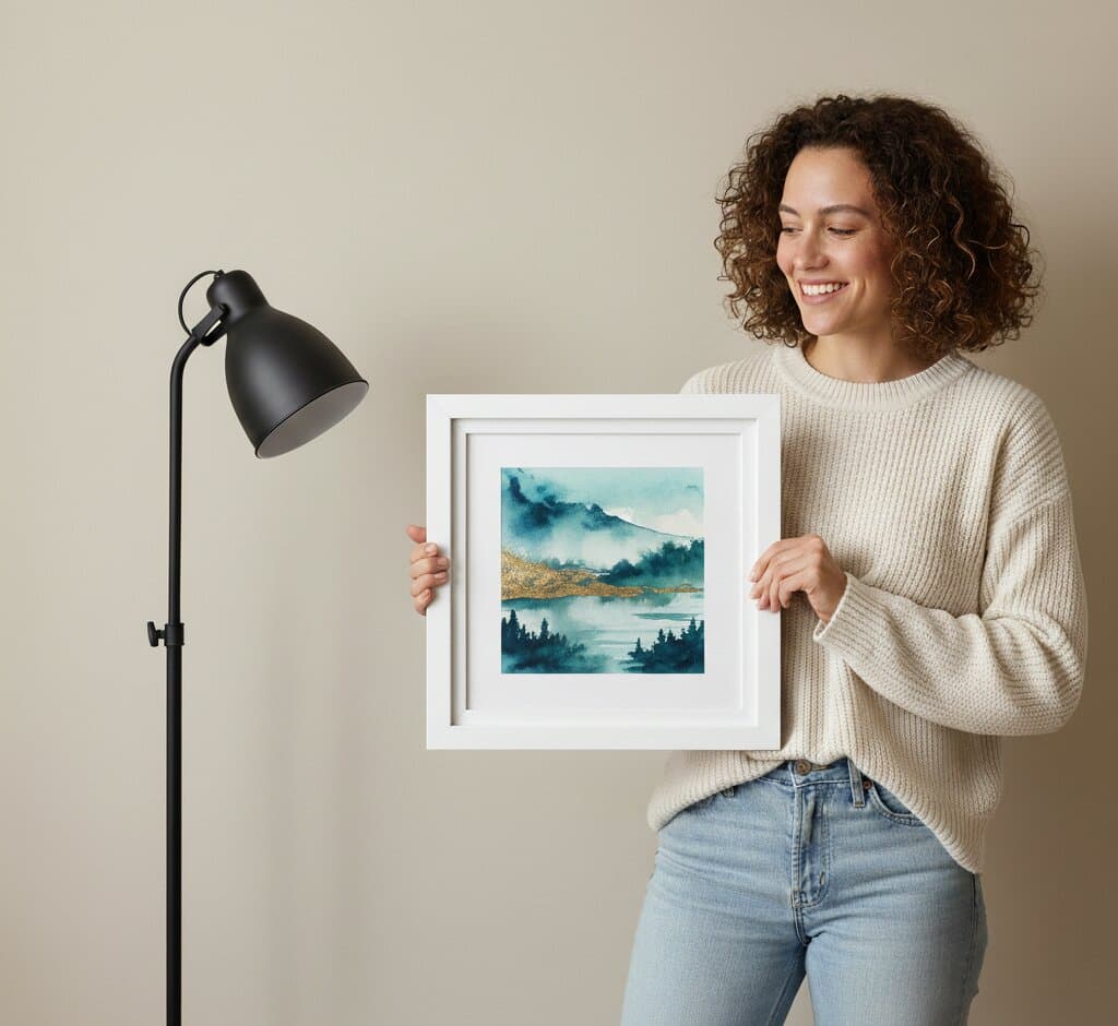 Close-up of White Picture Frame displaying vivid portrait painting of woman with dark hair hanging on white wall with natural light showcasing classic white finish
