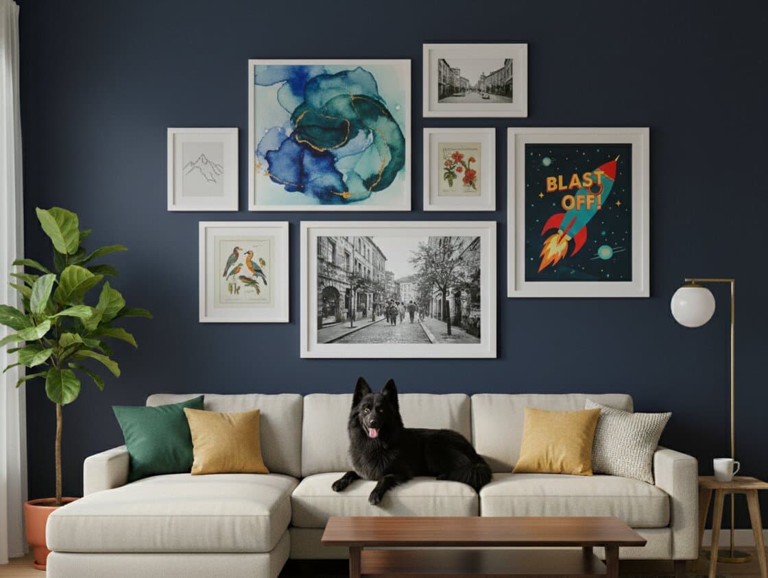 Hand holds White Picture frame containing abstract geometric art in teal navy and rust tones with sunlight streaming across wall demonstrating clean white styling for modern artwork