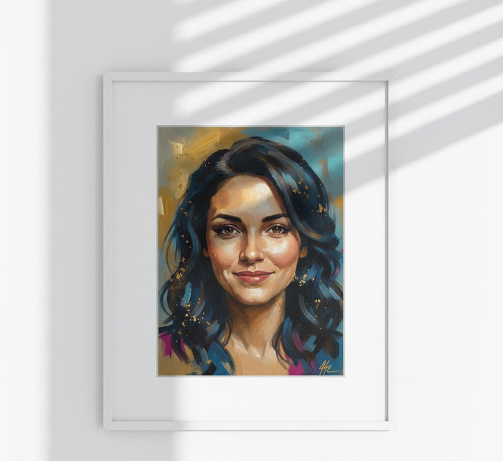 Smiling woman in cream sweater holds White Picture Frame with mountain landscape painting in blue and gold hues demonstrating elegant white finish for nature art