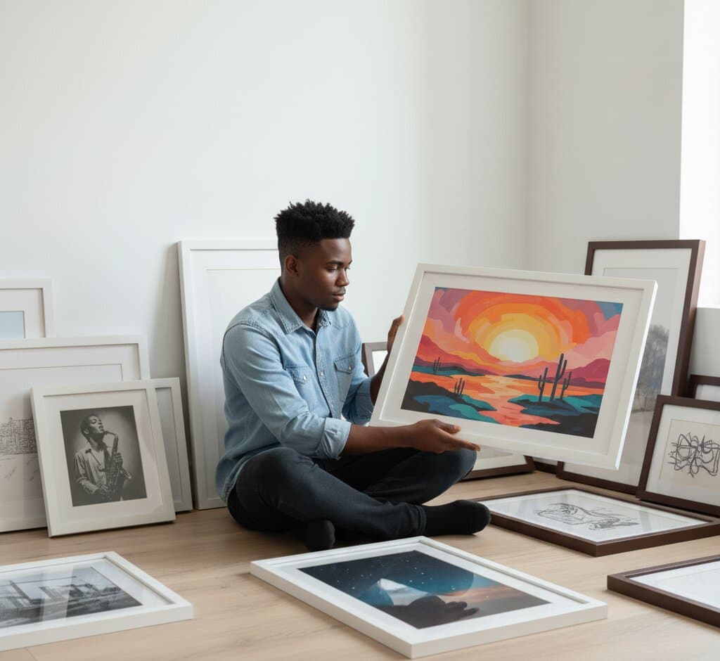 Man places large abstract watercolor artwork in teal and purple tones into White Picture frame on wooden table in cozy living room showcasing classic white styling