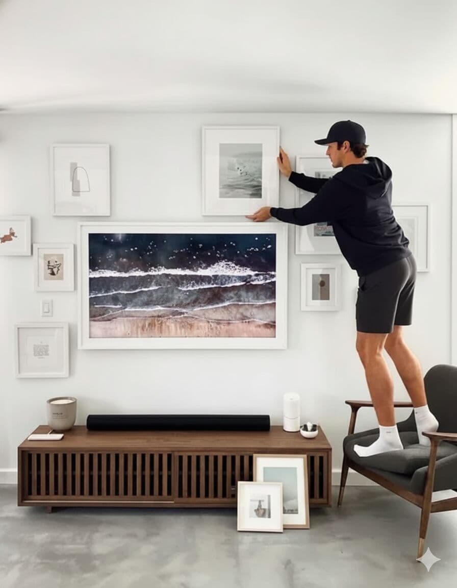 Person arranging White Picture frames in coastal gallery wall featuring ocean photography demonstrating versatile white styling for beach-themed interiors