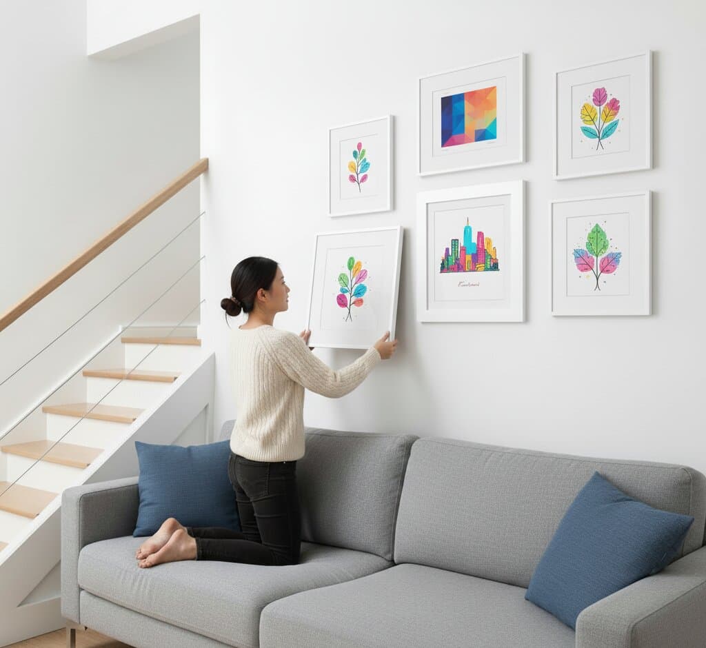 Woman in gray sweater arranges watercolor and cityscape art prints in White Picture frames on staircase gallery wall demonstrating versatile white finish for modern interiors