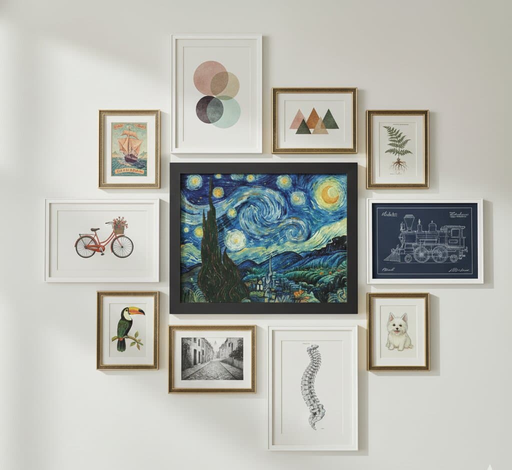 Gallery wall with ocean wave painting botanical illustrations and family portraits in White Picture Frame beneath modern chandelier showcasing clean white styling