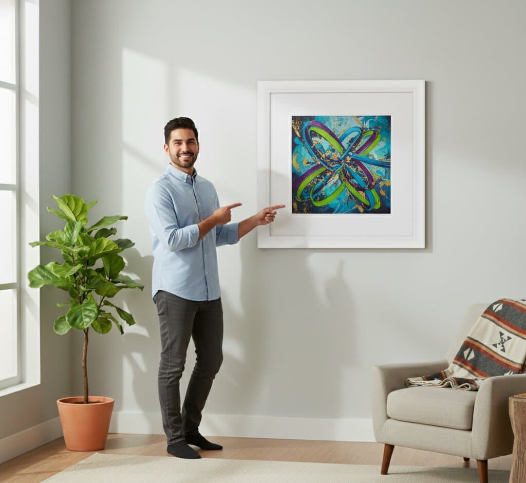 Woman standing on stool adjusts large teal and gold abstract artwork within White Picture Frame framed gallery wall featuring ferns and architectural sketches demonstrating elegant presentation