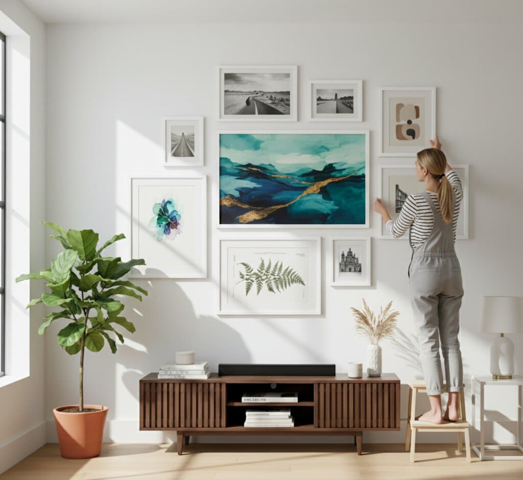 Smiling man points toward square abstract artwork in crisp White Picture frame above chair and throw blanket in softly lit room showcasing timeless white finish