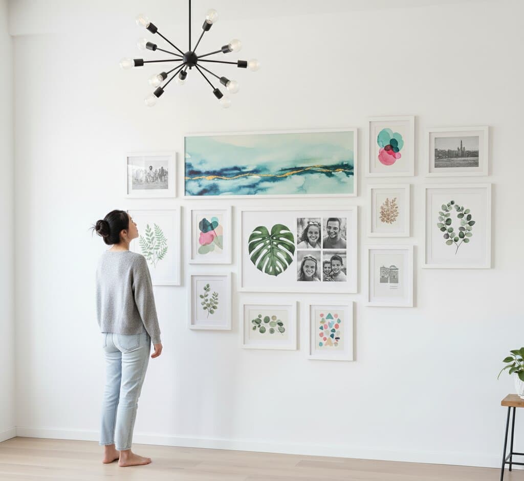 Art gallery wall featuring Van Gogh Starry Night botanical sketches and mechanical blueprints in coordinating White Picture Frame and gold picture frames demonstrating versatile frame mixing for eclectic displays