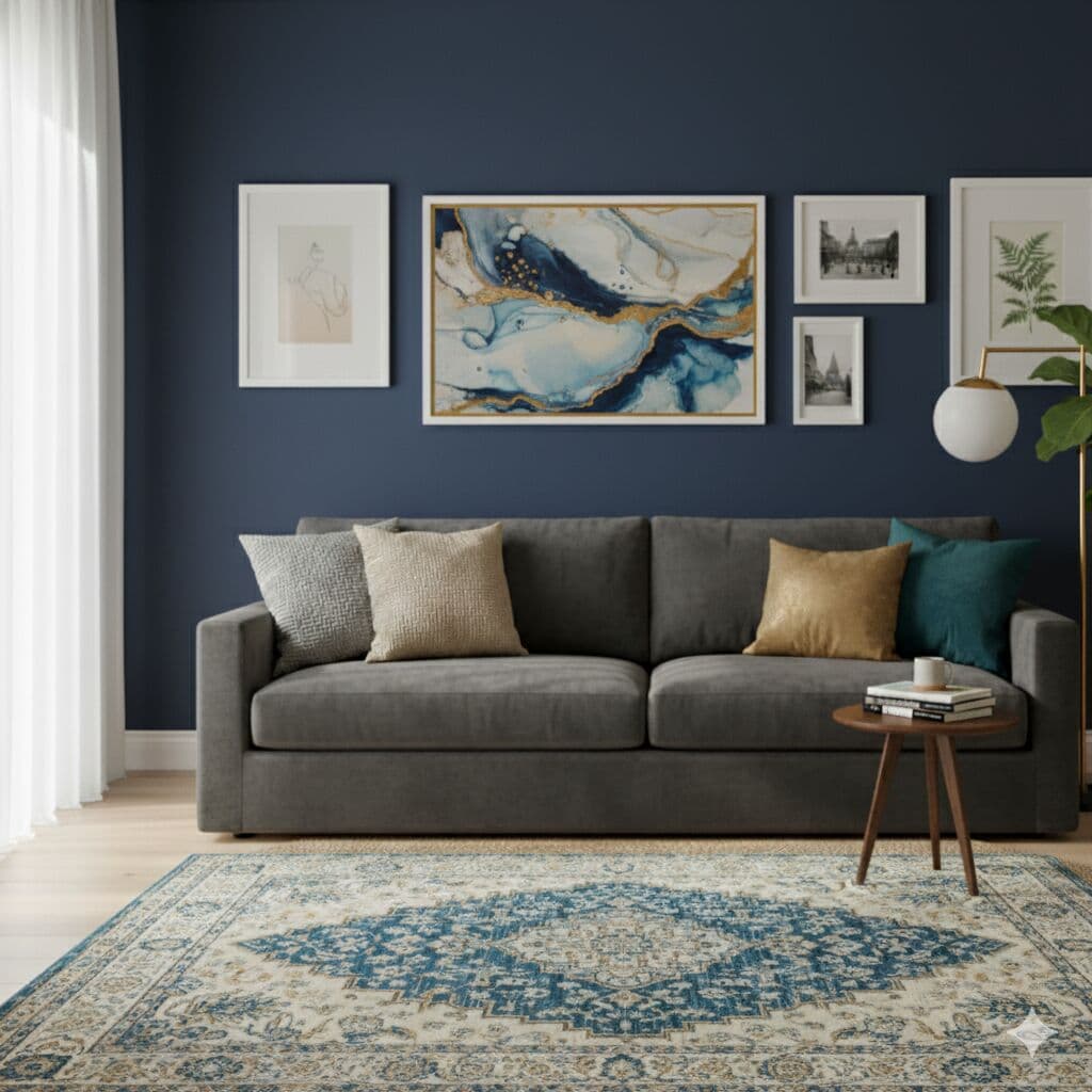White Picture frames in curated gallery wall on navy blue accent wall mixing white frames with gold centerpiece featuring botanical and abstract artwork