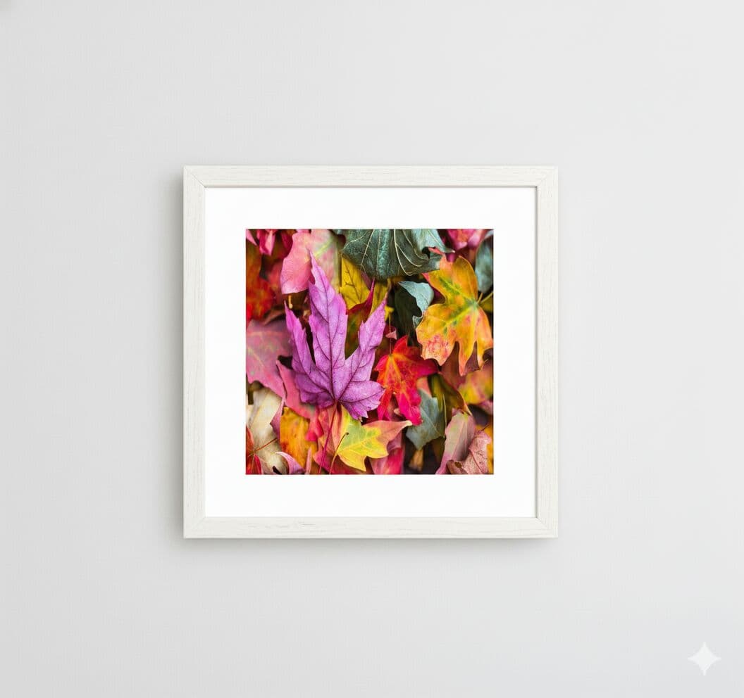 White Picture Frame displaying vibrant autumn leaves photography on neutral wall showcasing clean white finish for seasonal nature artwork