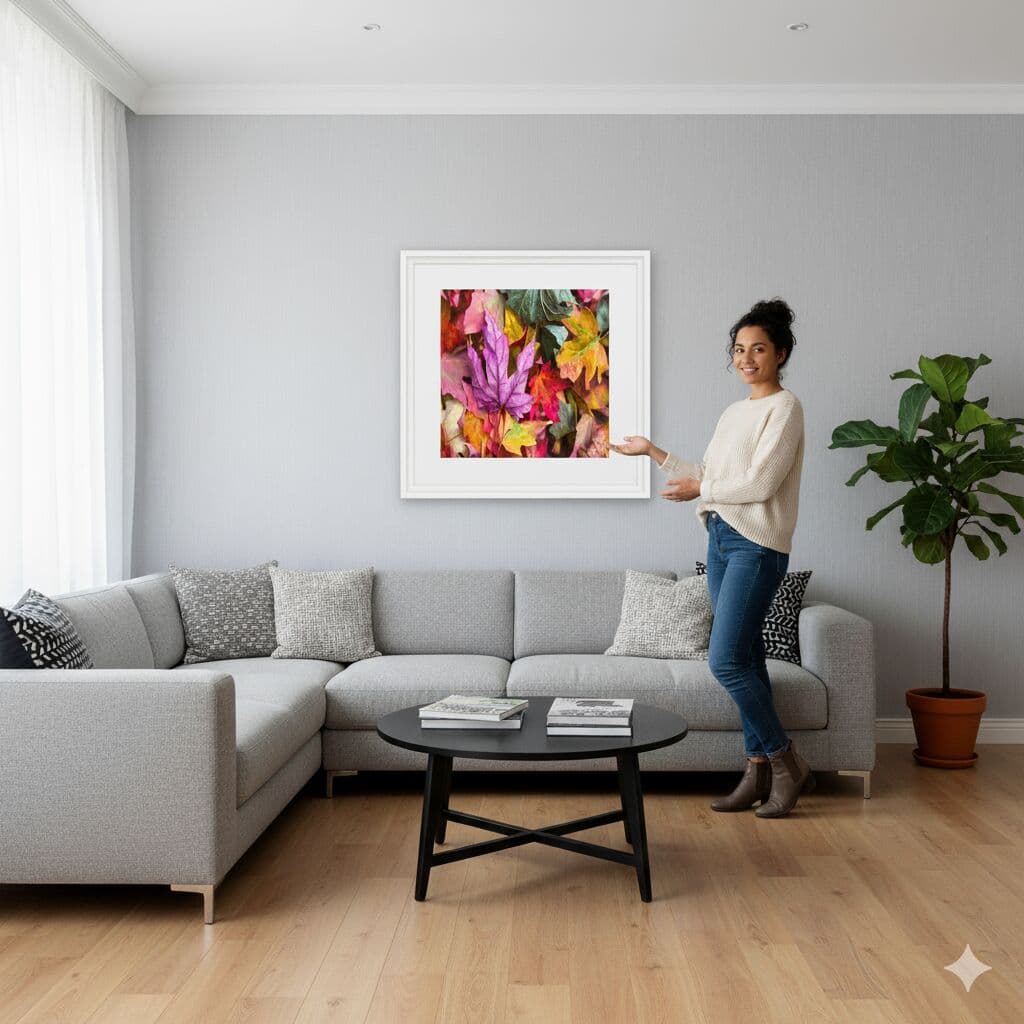 Person presenting White Picture Frame framed autumn leaves artwork in contemporary living room with gray accent wall demonstrating elegant white frame styling