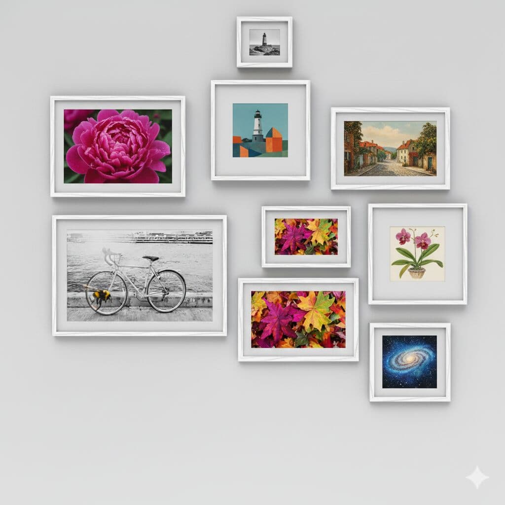 White Picture frames in eclectic gallery wall composition featuring diverse artwork including bicycle photography orchid prints lighthouse art and galaxy images