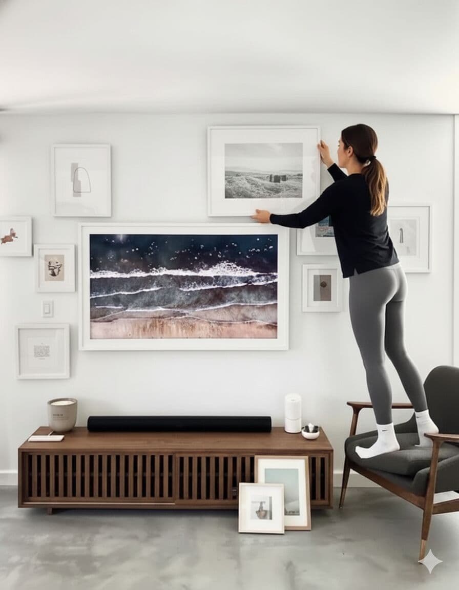 Person arranging White Picture frames in modern gallery wall with coastal ocean photography showcasing versatile white styling for contemporary interiors