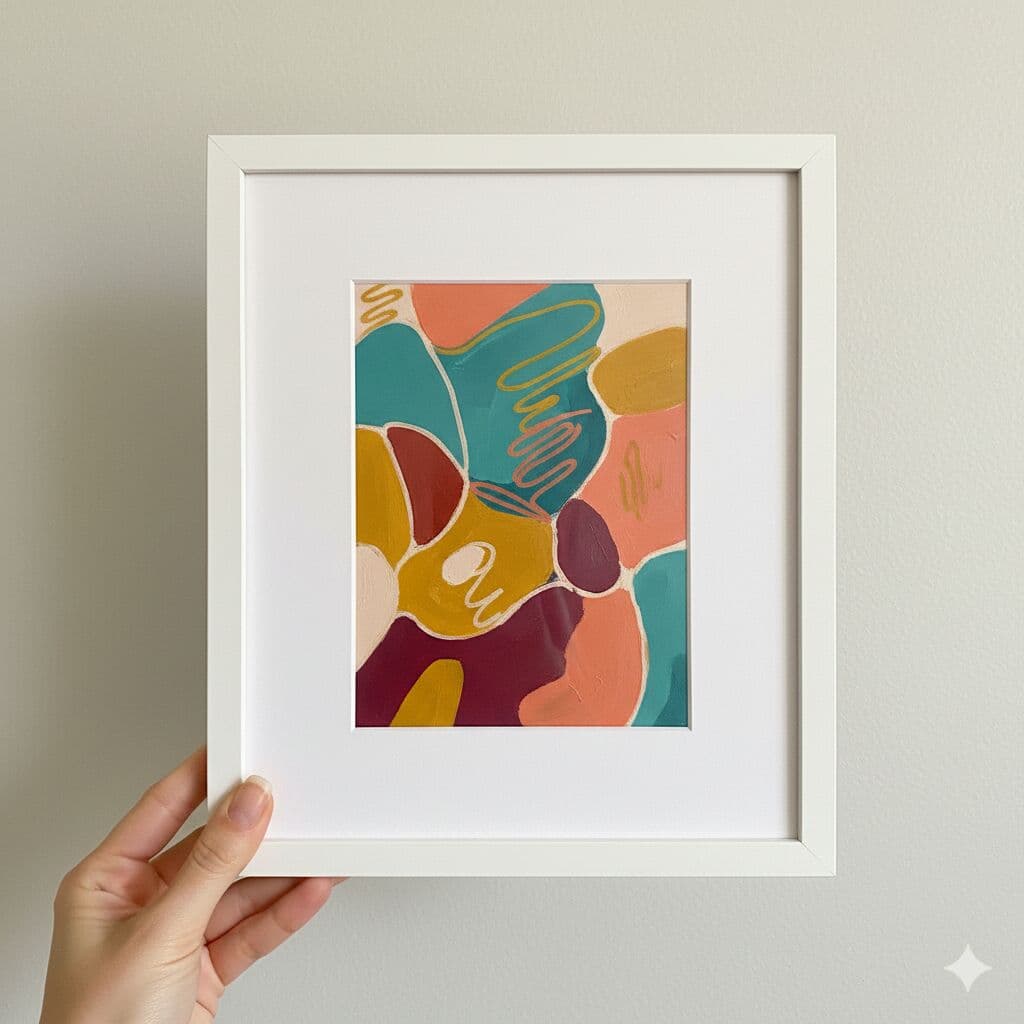 Hand holding White Picture frame with vibrant abstract artwork in teal coral and mustard tones demonstrating clean white finish for colorful contemporary art