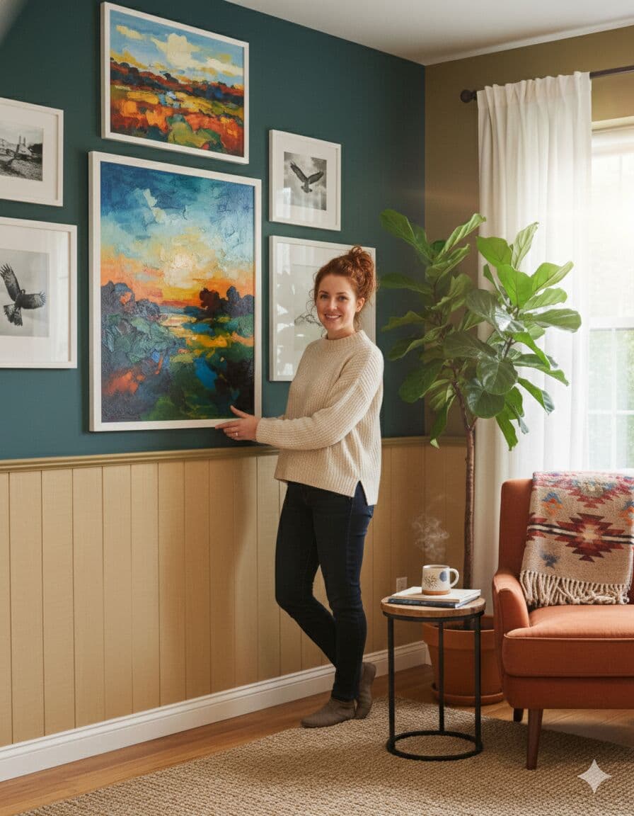 Person presenting White Picture frames in gallery wall on teal accent wall featuring landscape and wildlife photography with warm wood wainscoting