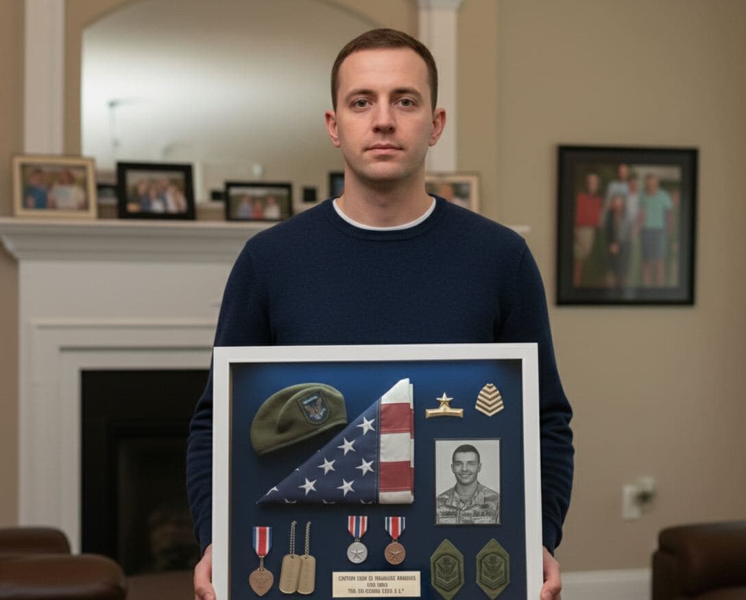 Man displaying bright white shadowbox picture frame with military service memorabilia including folded American flag service beret medals dog tags military photo and rank insignia demonstrating 0.875 inch usable depth for veteran tribute military honor displays armed forces preservation and patriotic dimensional picture frames