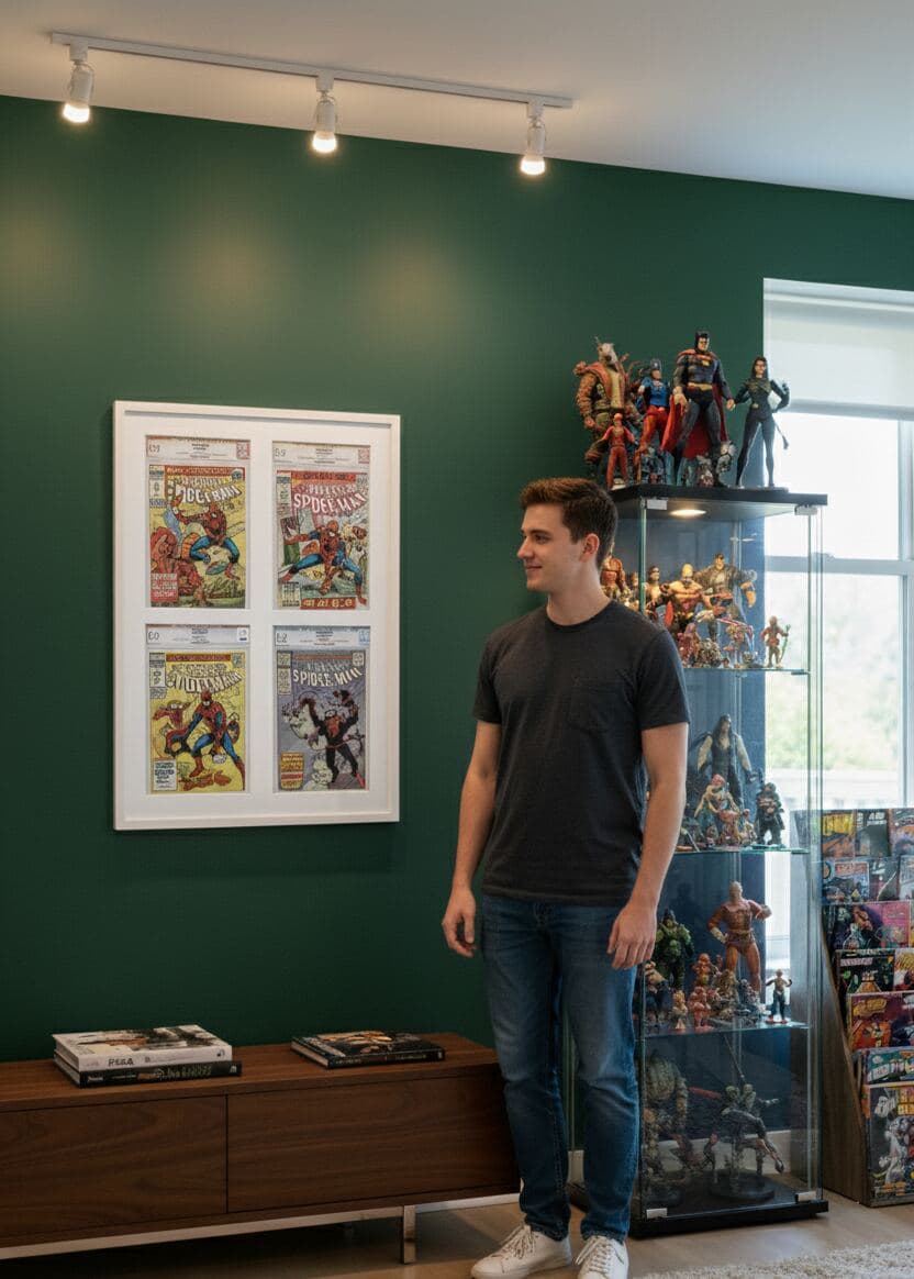 White shadowbox frames displaying vintage comic book collection with Spider-Man issues on green accent wall demonstrating 0.75 inch clean moulding for pop culture memorabilia collectible preservation comic collector displays and contemporary gallery wall styling with custom shadowbox picture frames