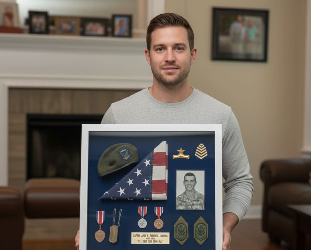 Person holding bright white shadowbox frame showcasing military memorabilia with folded flag service cap medals dog tags and service photo demonstrating 0.875 inch depth capacity for honoring veterans preserving military legacy and family tribute dimensional picture frames