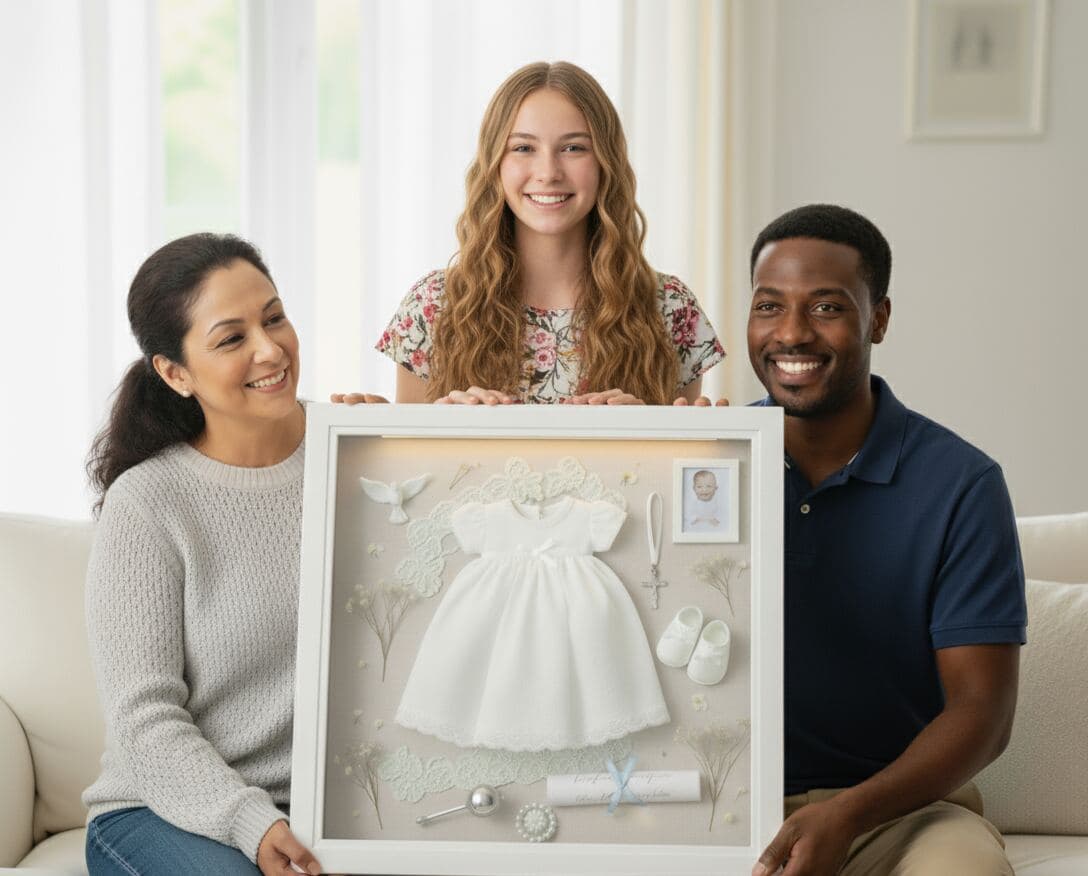Family displaying white shadowbox picture frame with baptism keepsakes featuring vintage christening gown baby shoes and religious mementos utilizing 0.875 inch depth for preserving family heirlooms baptism memories first blessing treasures and sentimental dimensional picture frames