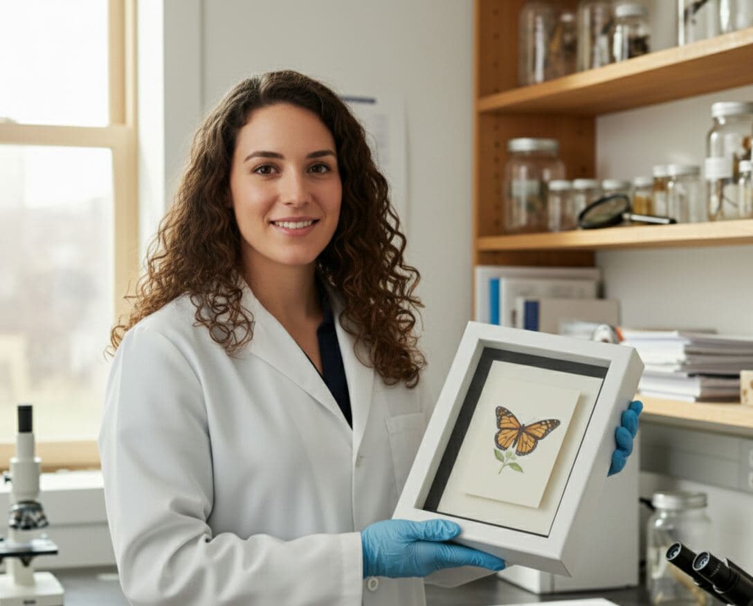 Scientist displaying white shadowbox picture frame with preserved monarch butterfly specimen in laboratory setting demonstrating museum-quality framing for scientific collections natural history preservation entomology displays and conservation-grade dimensional specimen frames