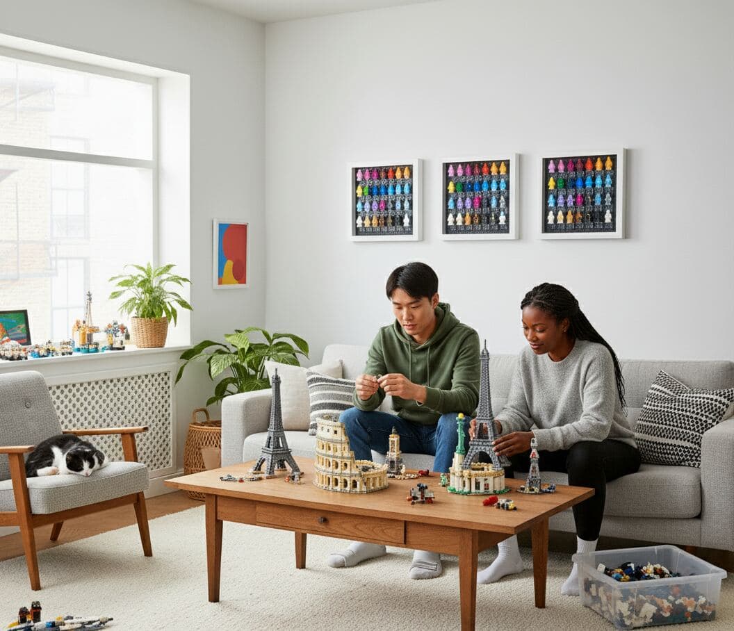 Modern living room featuring white shadowbox frames displaying colorful collectible minifigure collections on accent wall with couple assembling models demonstrating versatile 0.875 inch depth for small toy displays hobby collections and contemporary gallery wall picture frames