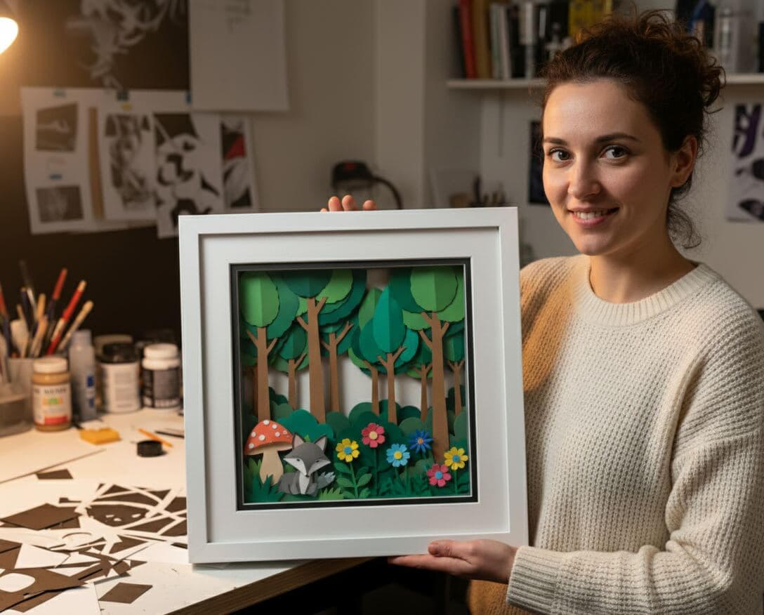 Artist holding bright white shadowbox frame showcasing dimensional paper cut art with forest scene and wildlife utilizing 0.875 inch depth for preserving handmade paper crafts layered artwork displays and artistic shadow box creations in custom dimensional picture frames