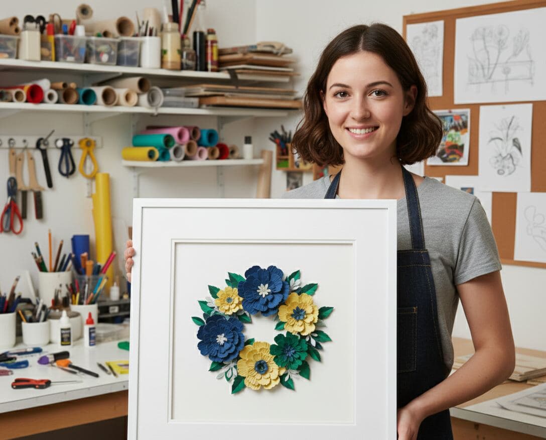 Crafter displaying white shadowbox picture frame featuring assembled-by-hand paper flower wreath with blue and yellow blooms in artist studio demonstrating 0.875 inch depth for preserving paper crafts floral artwork and custom handmade dimensional shadow box picture frames