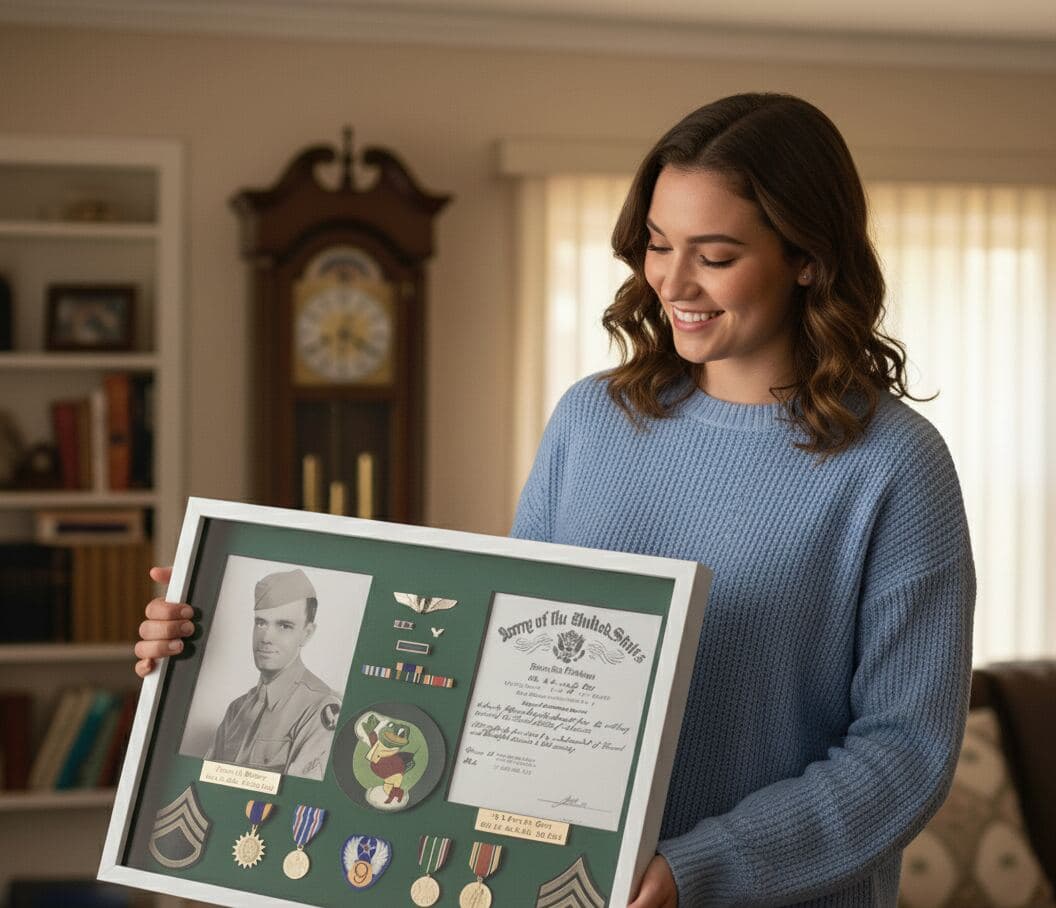 Woman holding bright white shadowbox frame displaying historical WWII military memorabilia with uniform patches service medals military certificate and vintage photo utilizing 0.875 inch depth for preserving family military heritage wartime service history and historical dimensional picture frames