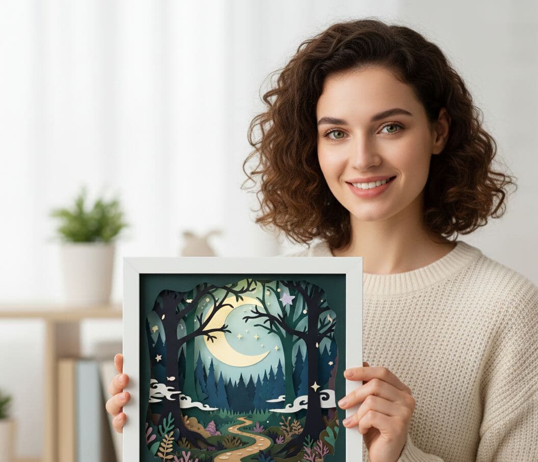 Person displaying white shadowbox picture frame featuring intricate layered paper art with moonlit forest scene demonstrating 0.875 inch usable depth for dimensional paper cutting artwork artistic displays and custom framed paper sculpture shadow box creations