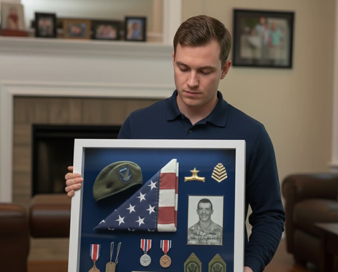 Man holding bright white shadowbox frame showcasing military service memorabilia with American flag service cap medals dog tags and military photo utilizing 0.875 inch depth for honoring veterans preserving military career milestones and patriotic dimensional picture frames