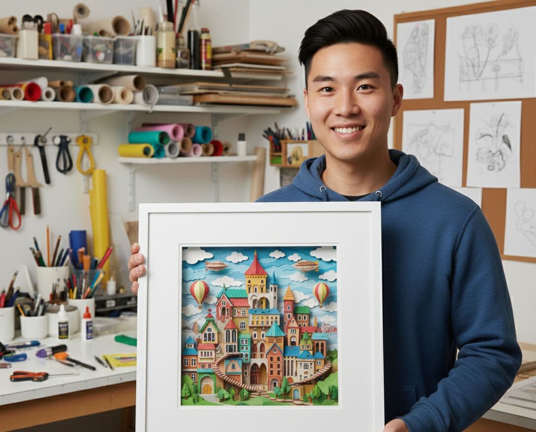 Person displaying white shadowbox picture frame featuring colorful paper art cityscape with hot air balloons in artist workspace demonstrating 0.875 inch depth for children's room décor whimsical artwork displays and custom framed paper craft shadow box creations