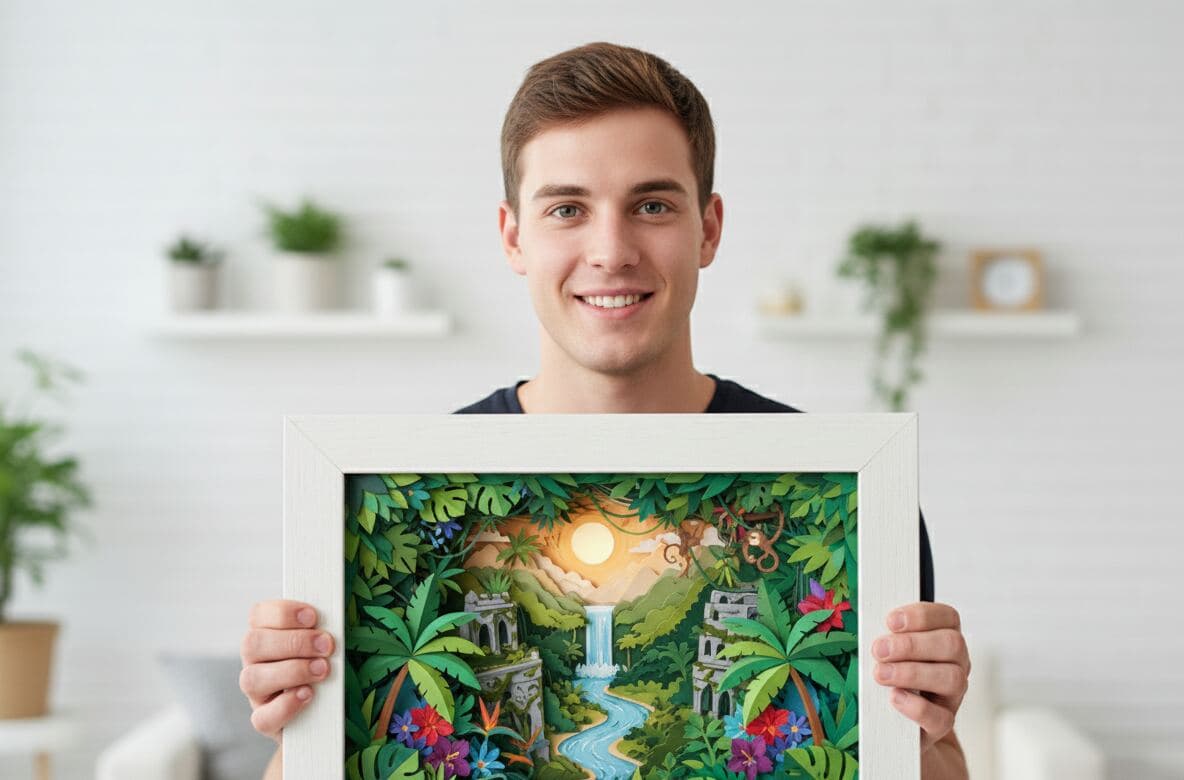 Artist holding bright white shadowbox frame showcasing vibrant paper cut jungle scene with waterfall and tropical elements utilizing 0.875 inch depth for nature-themed artwork layered paper displays and colorful artistic dimensional shadow box picture frames