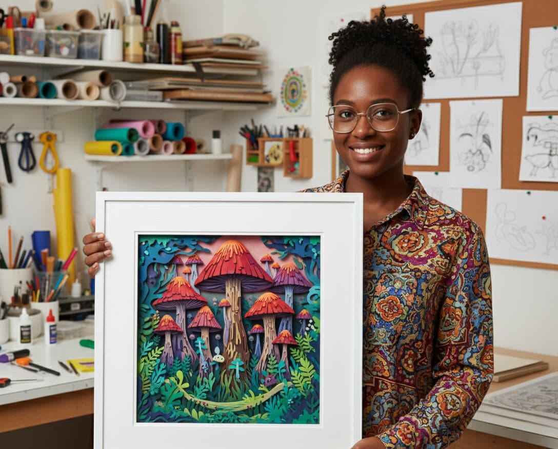 Woman in craft studio displaying white shadowbox picture frame featuring fantasy paper art with whimsical mushroom village demonstrating 0.875 inch usable depth for fairy tale artwork imaginative paper crafts and creative dimensional shadow box presentations