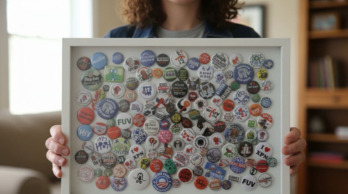 Person holding bright white shadowbox frame displaying vintage political campaign button collection with colorful pins and historical memorabilia utilizing 0.875 inch depth for preserving collectibles political history Americana displays and nostalgic dimensional picture frames