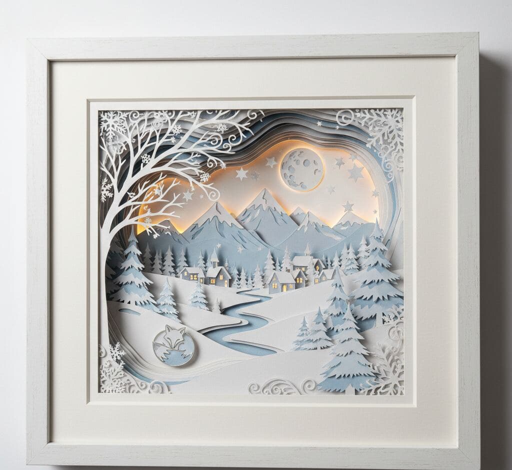 Bright white shadowbox picture frame with 0.75 inch clean moulding displaying intricate layered paper art featuring winter mountain village scene with snow-covered peaks pine trees cozy cottages and moonlit sky demonstrating 0.875 inch usable depth for dimensional paper cutting winter artwork seasonal displays and artistic shadow box creations in custom picture frames