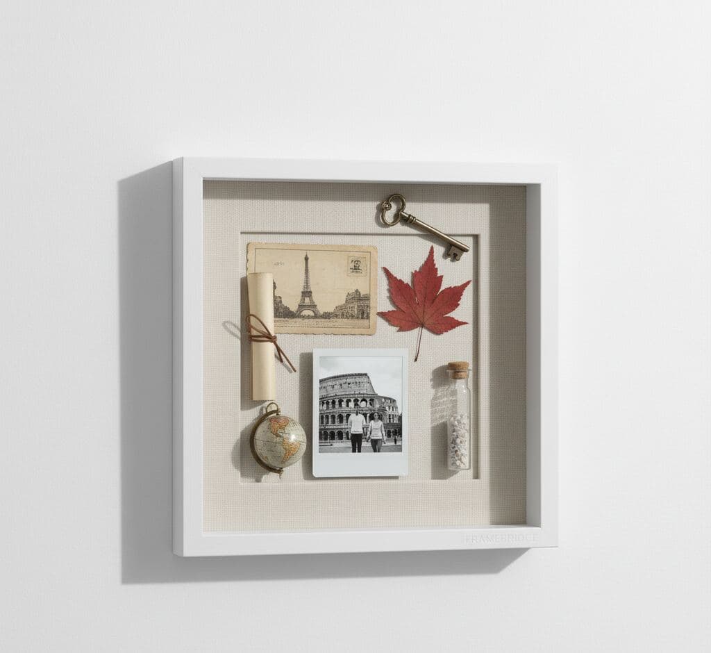 White shadowbox frame with 0.75 inch moulding width showcasing travel memories collection with vintage Paris postcards Eiffel Tower imagery autumn maple leaf miniature globe antique skeleton key and glass vial utilizing 0.875 inch depth for preserving vacation keepsakes European travel souvenirs and dimensional memory picture frames