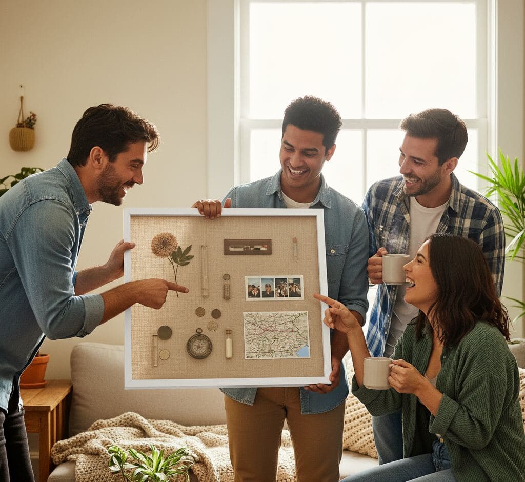 Group of friends displaying bright white shadowbox picture frame with 0.75 inch clean moulding featuring adventure memory collection with vintage photos compass dried botanicals coins and travel mementos demonstrating 0.875 inch depth for preserving friendship memories travel keepsakes and custom dimensional shadow box displays