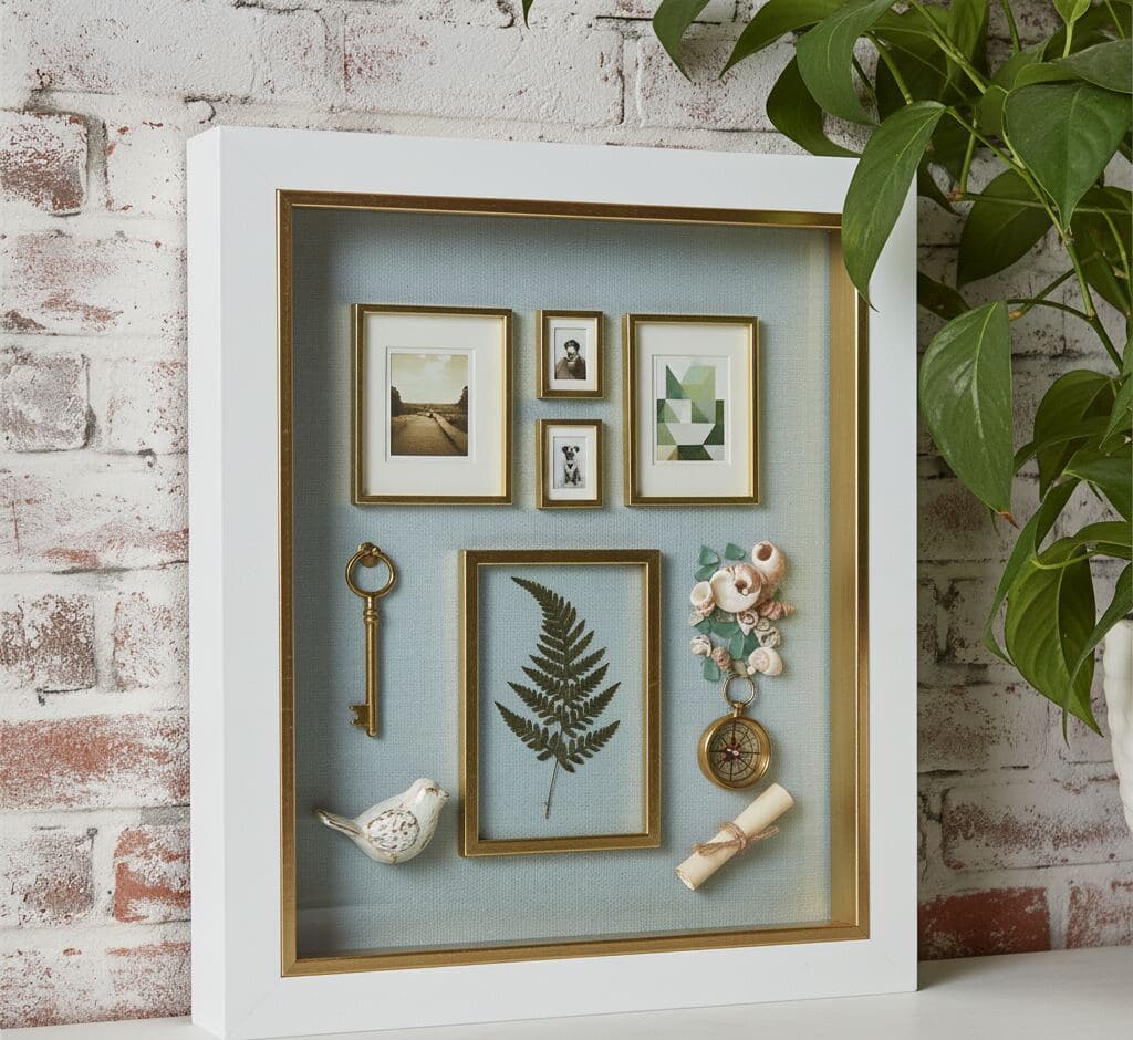 White shadowbox frame with 0.75 inch moulding width displaying gallery-within-frame design featuring miniature gold-framed photos pressed fern botanical skeleton key decorative bird seashells and compass utilizing 0.875 inch usable depth for layered displays nature collections and artistic dimensional picture frames