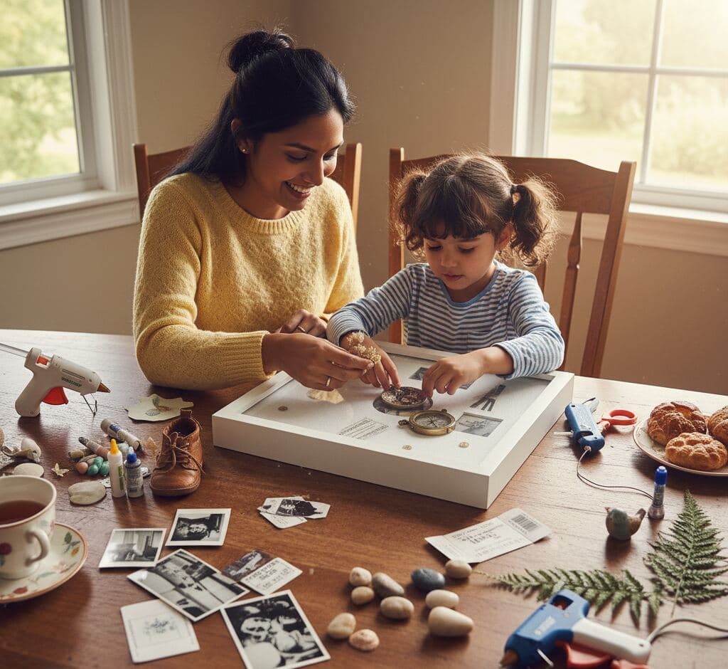 Mother and daughter creating family memory shadowbox in bright white frame with 0.75 inch clean moulding with vintage photos old compass stones and adventure keepsakes demonstrating 0.875 inch depth for preserving family moments heirloom displays and custom dimensional picture frames for generational storytelling