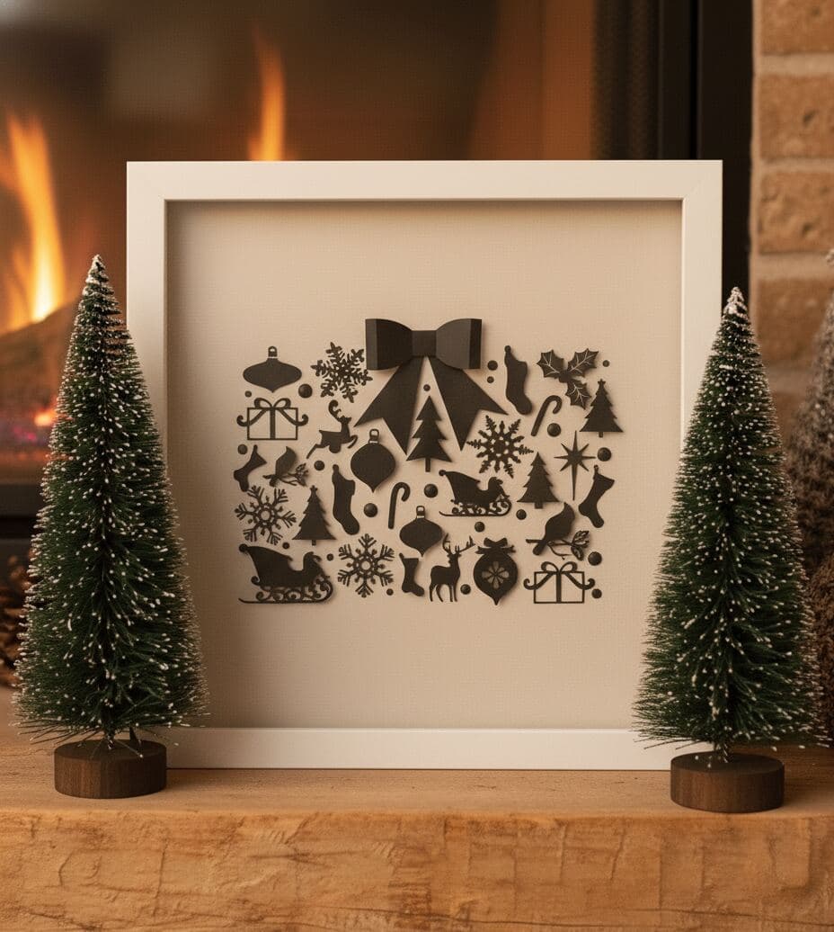 White shadowbox frame with 0.75 inch clean moulding featuring dimensional Christmas holiday paper art with silhouette design including bow snowflakes ornaments reindeer sleigh and festive symbols demonstrating 0.875 inch usable depth for seasonal décor holiday artwork and custom shadow box picture frames