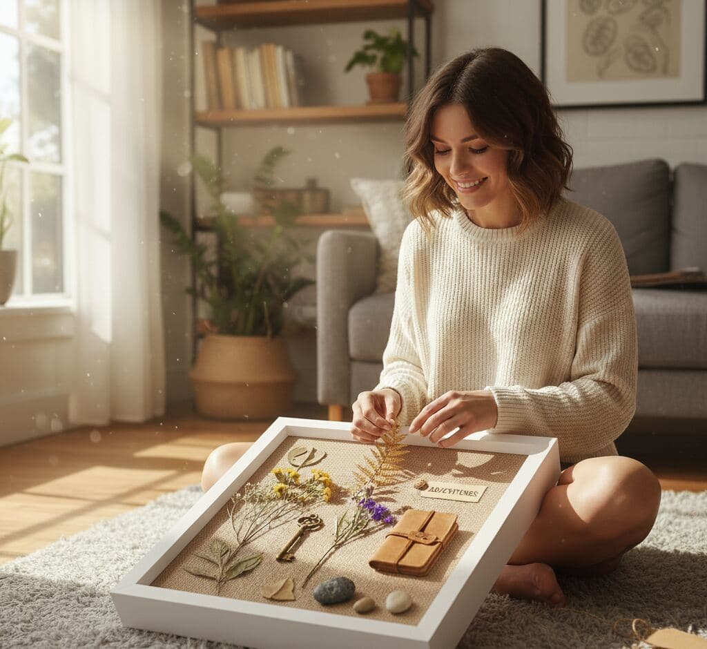 Woman arranging bright white shadowbox display with 0.75 inch moulding width with pressed botanicals dried lavender antique key leather journal and beach memories utilizing 0.875 inch depth for preserving nature collections adventure keepsakes and custom dimensional memory picture frames with rustic charm