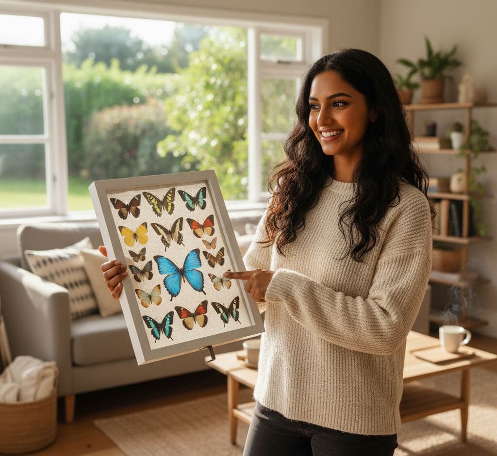 Woman holding bright white shadowbox frame with 0.75 inch moulding width showcasing colorful butterfly specimen collection with blue morpho and various exotic species utilizing 0.875 inch depth for entomology displays insect collections natural history presentations and museum-quality dimensional picture frames
