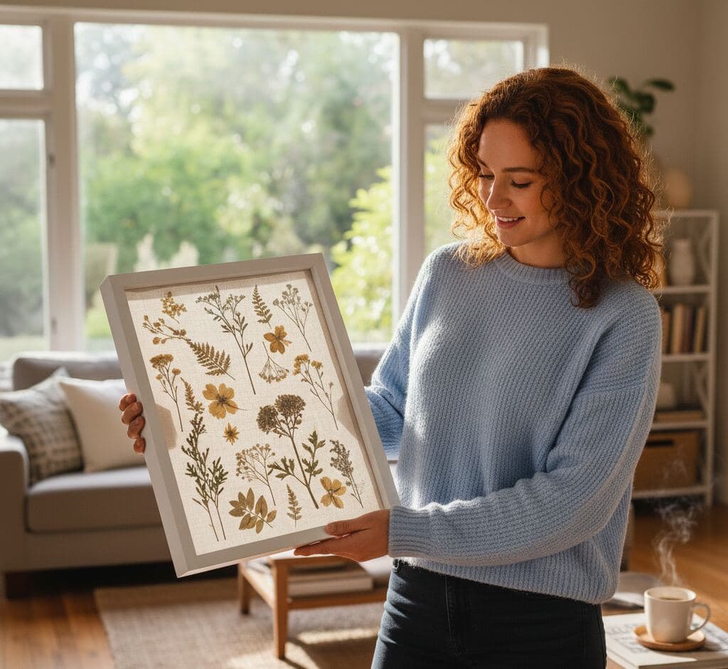 White shadowbox picture frame with 0.75 inch clean moulding displaying pressed wildflower botanical collection with golden yellow blooms ferns and preserved plant specimens demonstrating 0.875 inch usable depth for botanical preservation herbarium displays nature study and scientific dimensional shadow box picture frames
