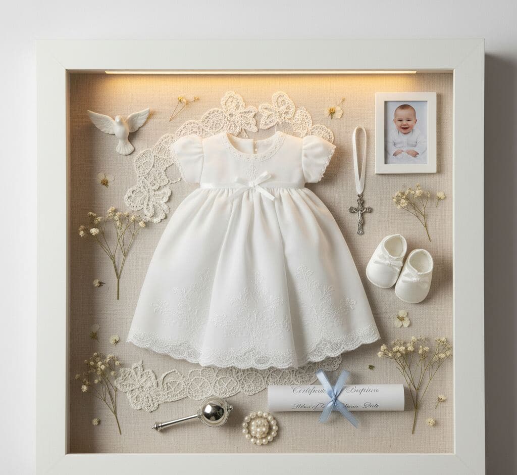 Bright white shadowbox frame with 0.75 inch moulding width showcasing baptism christening keepsakes with vintage white ceremonial gown baby booties silver cross religious certificate dove ornament and baby photo utilizing 0.875 inch depth for preserving family heirlooms baptism memories and dimensional religious keepsake picture frames