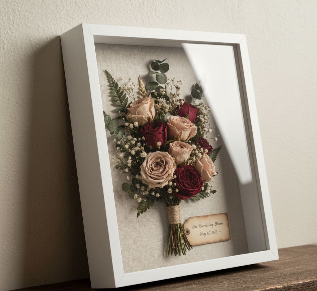 White shadowbox picture frame with 0.75 inch clean moulding displaying preserved wedding bouquet with blush pink and burgundy roses baby's breath and eucalyptus with personalized tag demonstrating 0.875 inch usable depth for bridal flower preservation romantic keepsakes and dimensional wedding memory picture frames
