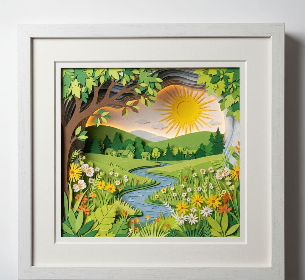 Bright white shadowbox frame with 0.75 inch moulding width featuring vibrant layered paper art depicting summer landscape with sun-drenched meadow flowing river colorful wildflowers and lush forest scene utilizing 0.875 inch depth for dimensional paper cutting nature artwork and artistic shadow box picture frames