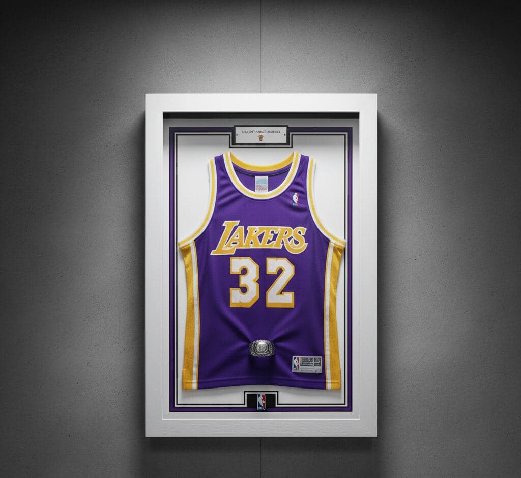 White shadowbox picture frame with 0.75 inch clean moulding displaying Lakers basketball jersey number 32 with purple and gold team colors and championship ring demonstrating 0.875 inch usable depth for sports memorabilia jersey displays NBA collectibles and professional dimensional sports picture frames