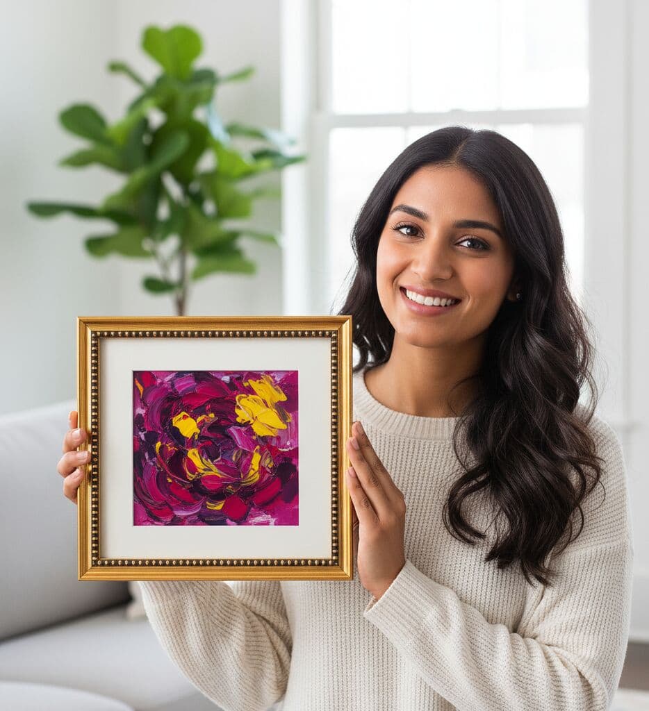 Woman in cream sweater smiling while holding Brushed Gold frame displaying abstract painting in bold magenta and yellow brushstrokes
