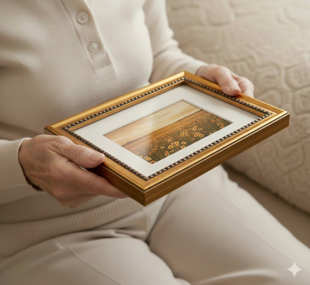 Hands holding Brushed Gold Frame beaded frame with white mat showcasing golden sunflower field landscape painting in Klimt-inspired impressionist style